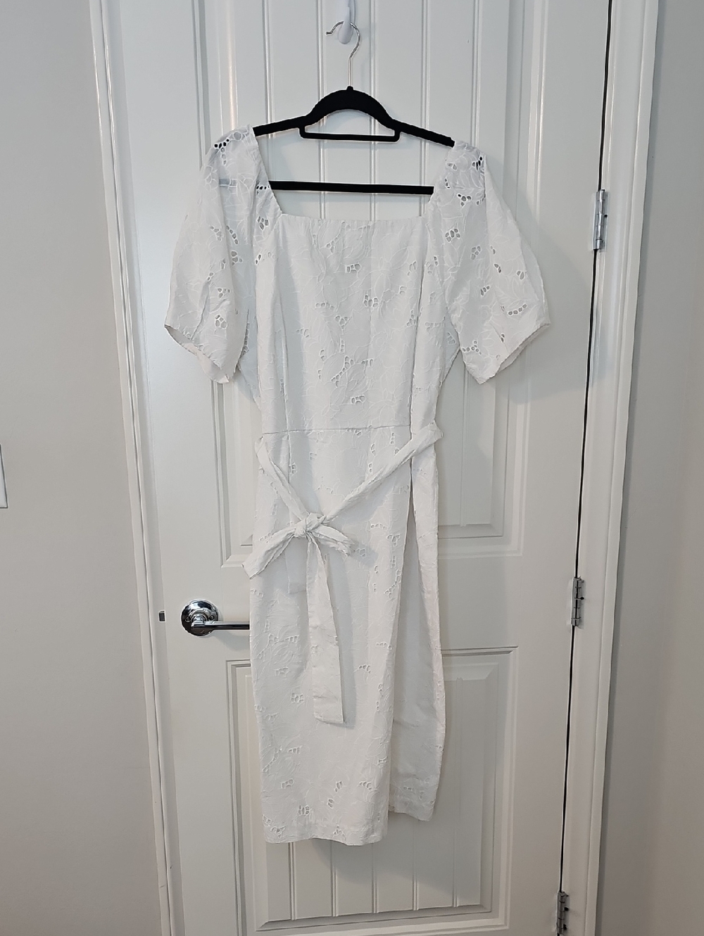 Ann Taylor White Eyelet Midi Dress with Tie Waist